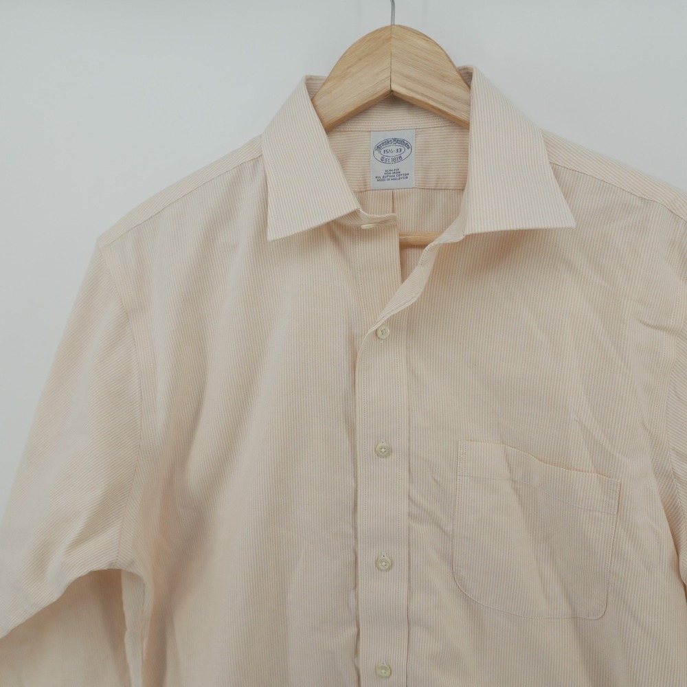 Brooks Brothers Dress Shirt Mens 15.5-33 Orange Striped Slim Fit Supima Cotton